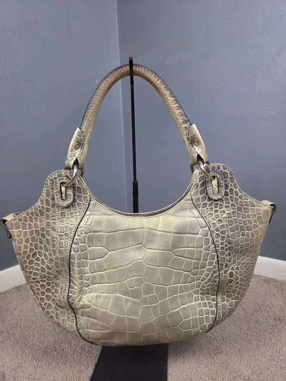 Francesco Biasia Croc-Embossed Beige Shoulder Tote